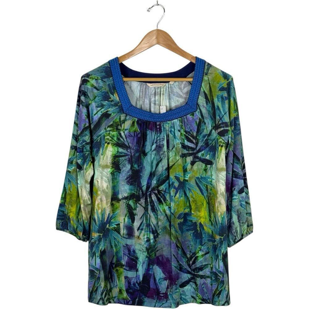 NWT Soft Surroundings Odessa Blue Multi Tropical Stretch Knit Blouse Women's M - Picture 2 of 13